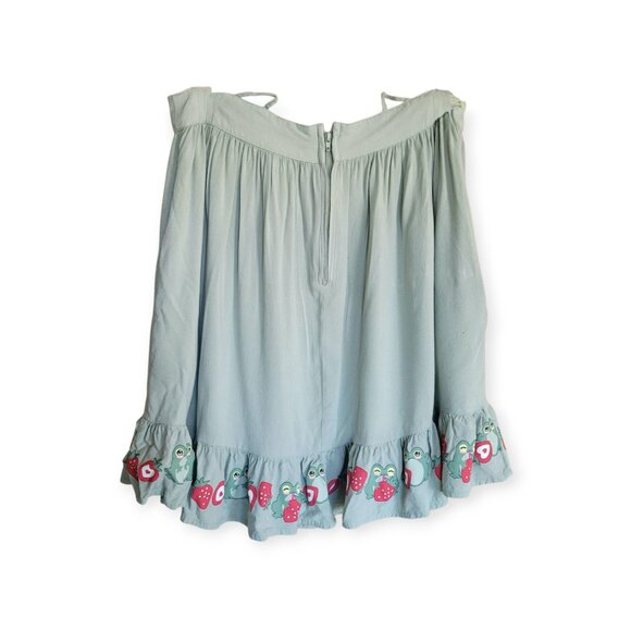 Hot Topic Ruffle Suspender Skirt Frogs Strawberries Cottagecore Kawaii Teal M - Picture 5 of 9